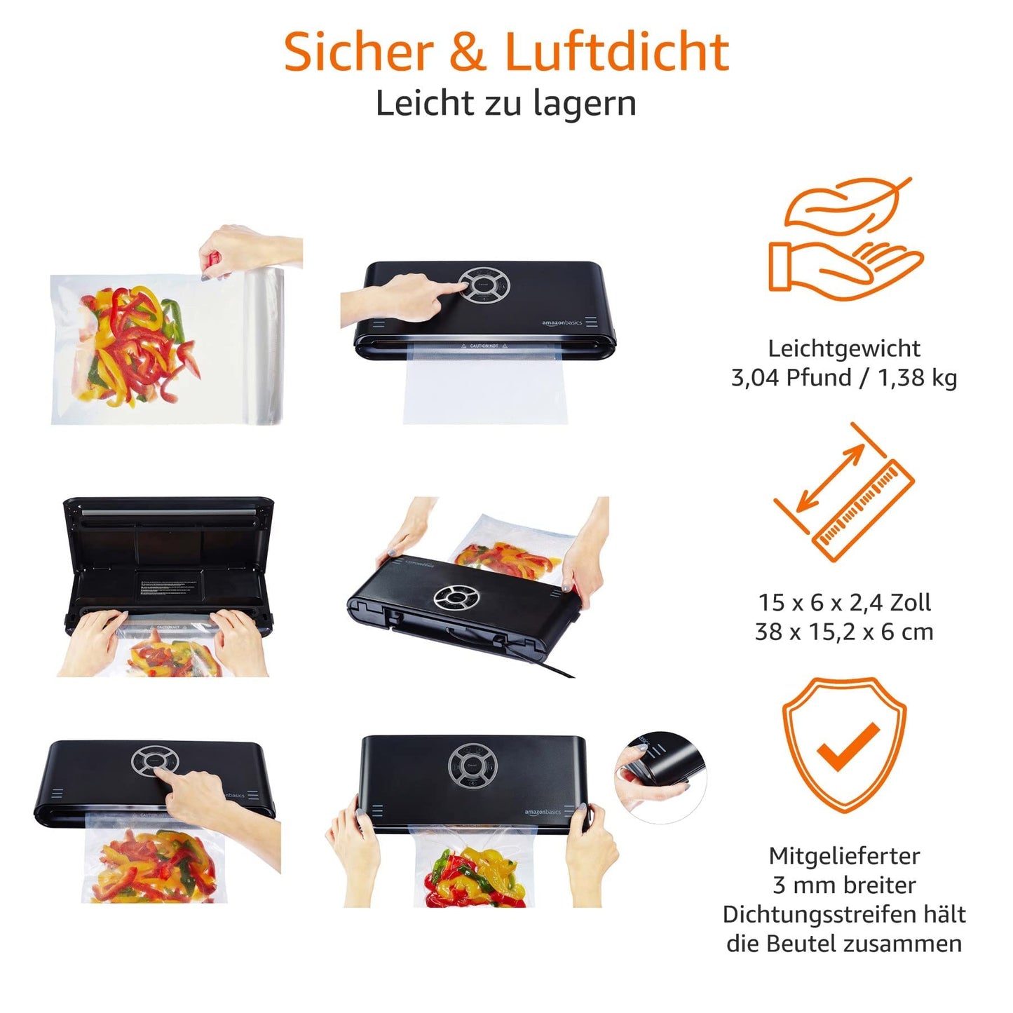 Amazon Basics Vacuum Sealer, 30 cm seam + 10 vacuum bags, Black
