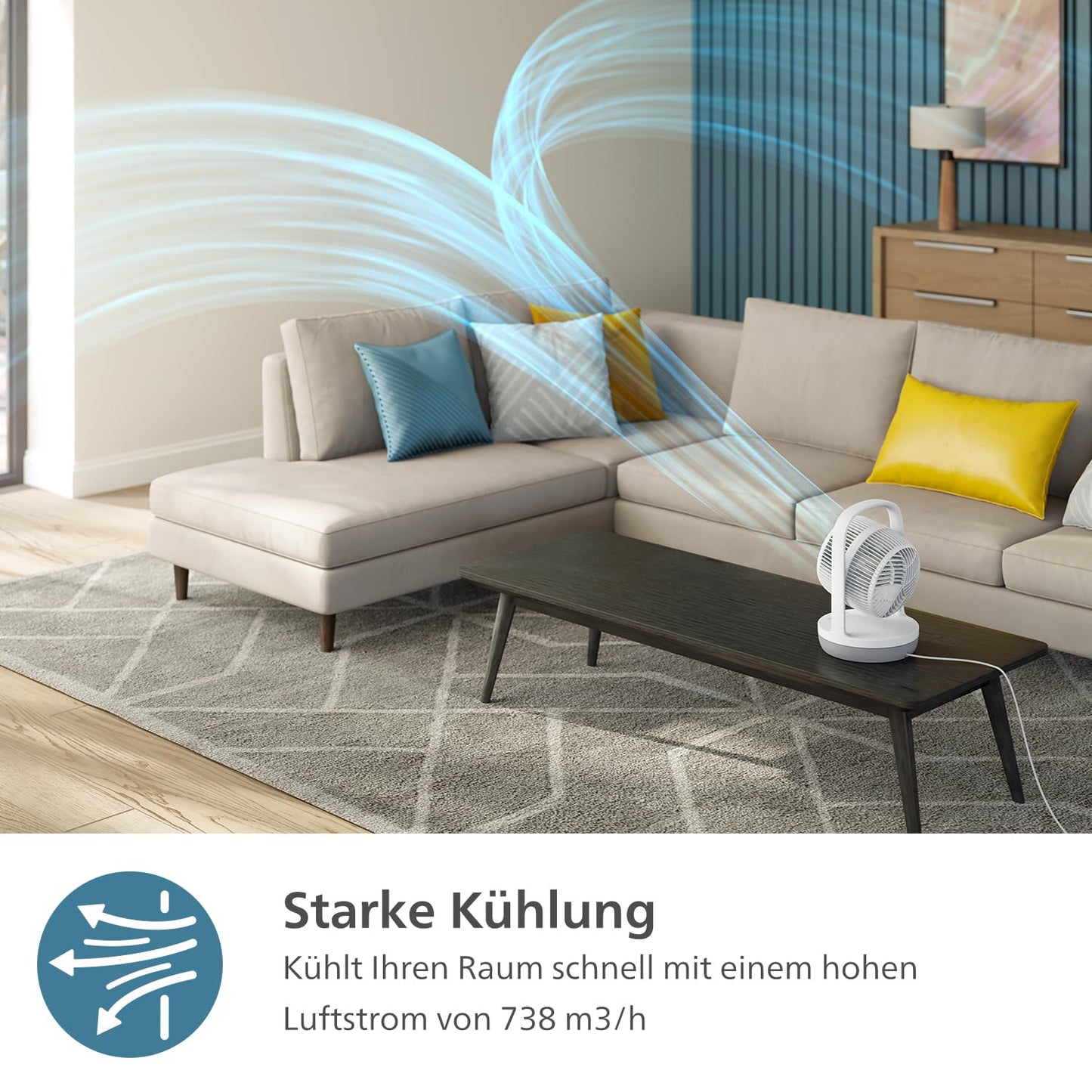 Philips Table Fan Series 2000. Powerful & super quiet with SilentWings Technology. 23 dB. Air circulation. Adjustable tilt up to 180°. 12-hour timer. Bedroom, home, & office. White (CX2050/00)