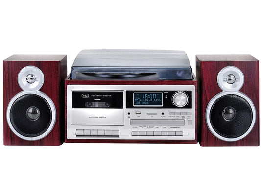 Trevi TT 1072 DAB, 33, 45 and 78 RPM vinyl turntable, Wireless vinyl player, CD and MP3 player, USB and SD, 25W, Digital radio DAB/DAB+ FM, Headphone jack, Bass reflex speakers, Wood