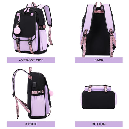Bevalsa school backpack for girls teenager with school bags set, leisure backpack large 20L waterproof school bag backpack casual daypacks for kids women (purple)