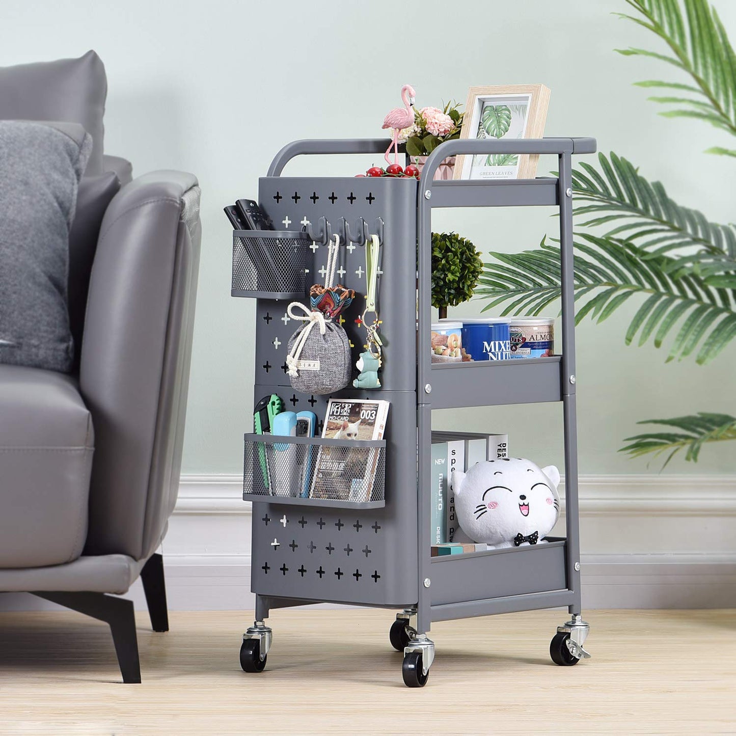 Kingrack rolling cart, 3-tier metal rolling cart, slim kitchen cart, multipurpose cart for kitchen cosmetics, shelf cart with perforated plate, wheels, hooks, baskets, handles, locking casters, serving cart for office, garages.