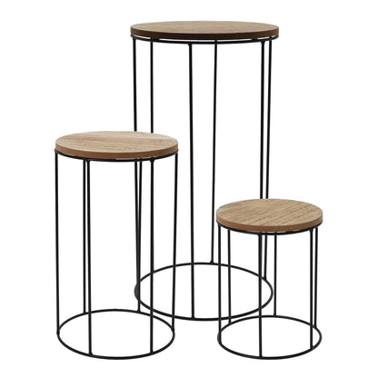 Wooden flower stool round 3-piece set - Ø 16/18 / 21 cm - Plant stand with metal frame - Flower column plant stand decorative stand side table