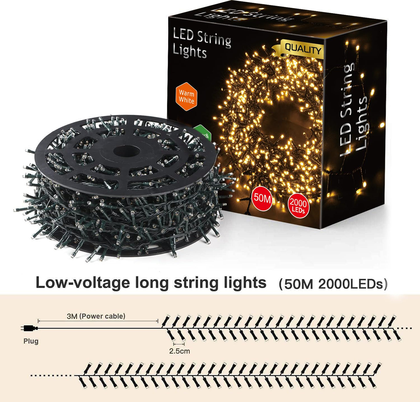 Avoalre 2000 LEDs String Lights 50M Christmas Lights Outdoor with EU Plug 8 Modes Waterproof Cluster String Lights for Christmas Garden Party Birthday Wedding, Warm White