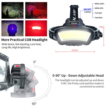 DARKBEAM COB Floodlight Headlamp LED with Red Light Rechargeable USB, Bright 2000 Lumens, Rechargeable Waterproof Headlamp, Fishing, Work Light for Helmet, Including Batteries, 7-14 Hours Battery Life.