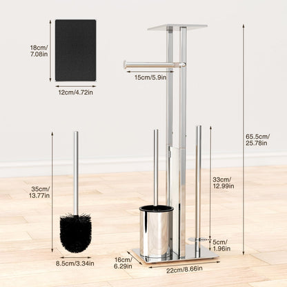 Stainless Steel Freestanding Toilet Paper Holder with Toilet Brush - Toilet Paper Holder with Tray, Toilet Paper Holder with Toilet Brush, Toilet Roll Holder with Glass Shelf (Silver)