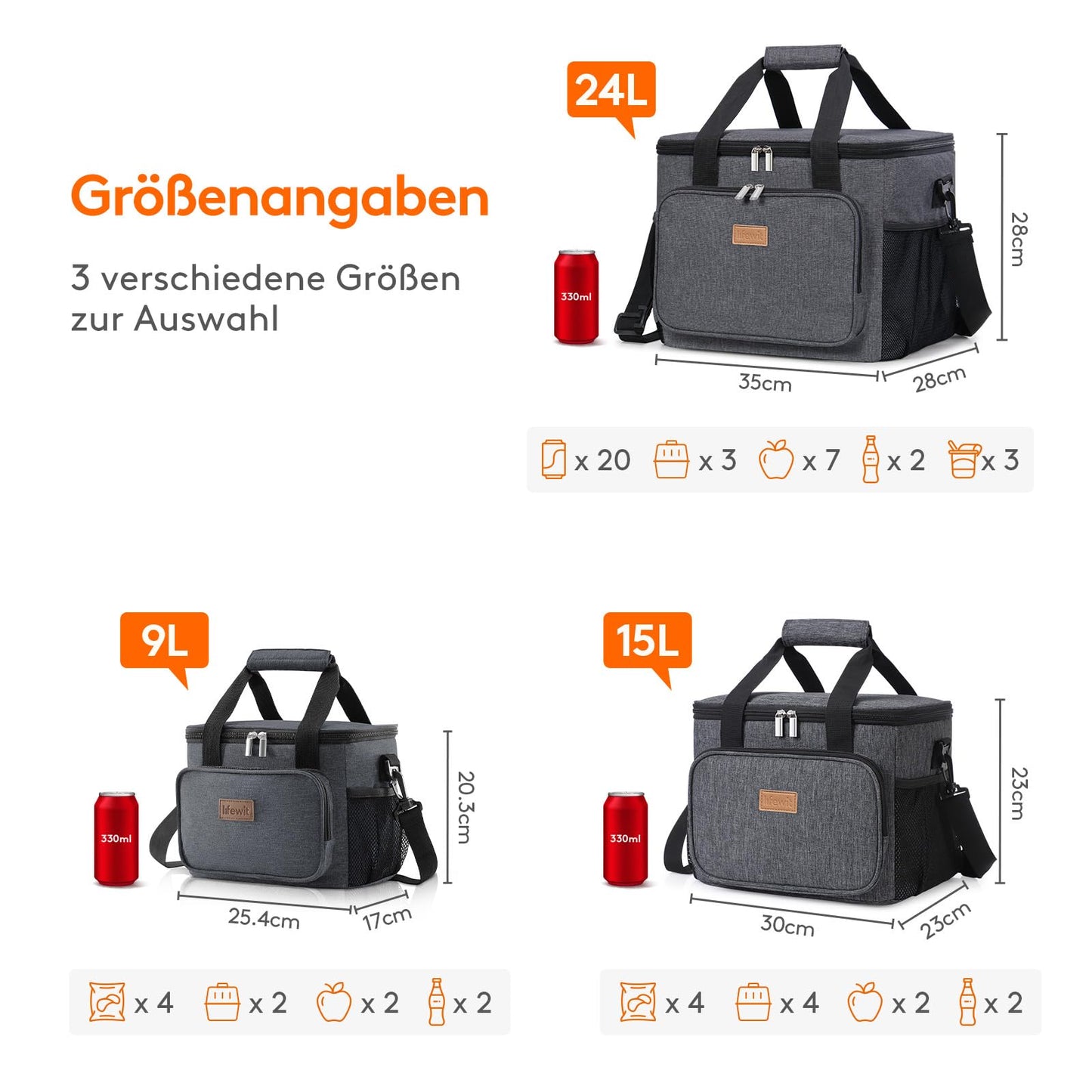 Lifewit 15L cooler bag for small outings. Insulated lunch bag, foldable for men and women. Waterproof, shoulder strap for food, beer, medicine, work, beach, travel. Dark gray.