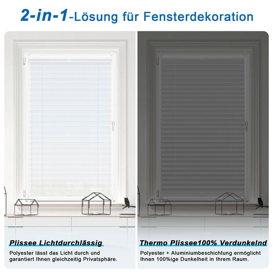 All-in-one Pleated without drilling blackout (Day and Night), White 60x110cm (WxH) Thermo Pleated 100% blackout & lightproof blind, Double pleated colorful for windows & doors.