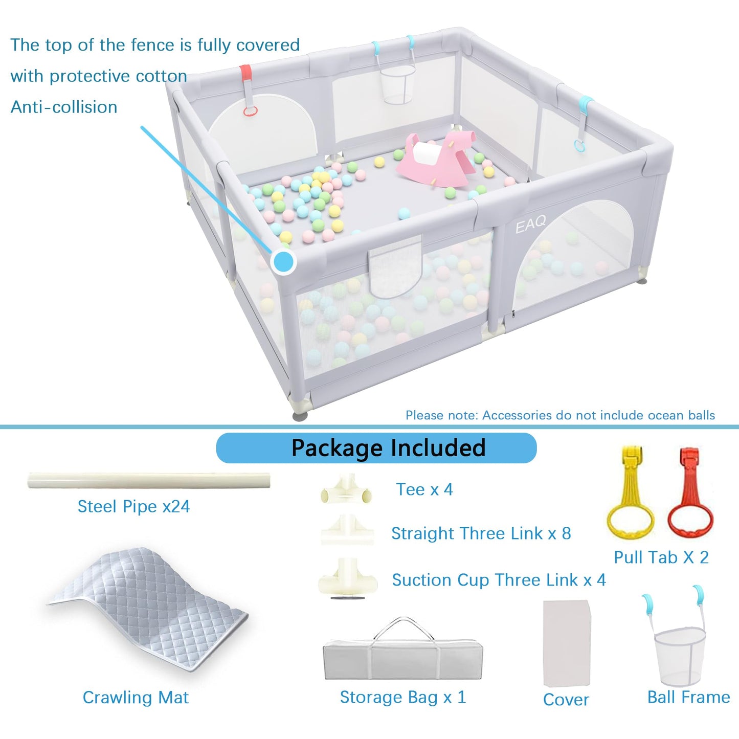 EAQ Baby Playpen with Mat 150x150cm Play Yard Safety Playground with super soft, breathable mesh, child fence for infants toddlers