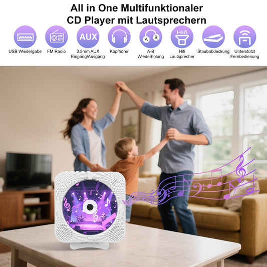 Canareen CD Player Bluetooth, Portable CD Player with Speaker, Front Display FM Radio CD Player Built-in, supports AUX/USB, Timer, Headphone Jack for Gift, Home, Kids, White