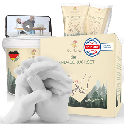SOULBABY® 3D Handprint Set for couples with gift packaging I Plaster casting kit with extra large bucket I 100% Black Forest Made I Premium plaster hand casting couple with video instructions