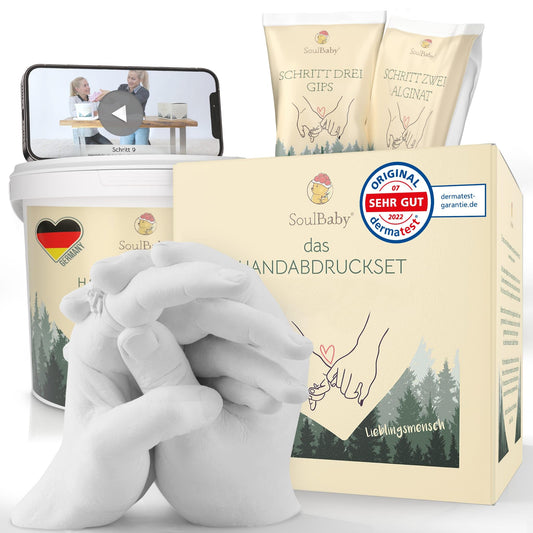 SOULBABY® 3D Handprint Set for couples with gift packaging I Plaster casting kit with extra large bucket I 100% Black Forest Made I Premium plaster hand casting couple with video instructions