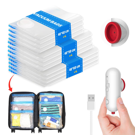 Vacuum bags for clothes with USB electric pump, 12 pieces garment bags (4x 40*40cm / 4x 40*50cm / 4x 40*60cm) Reusable vacuum storage bags for travel, garment bags.