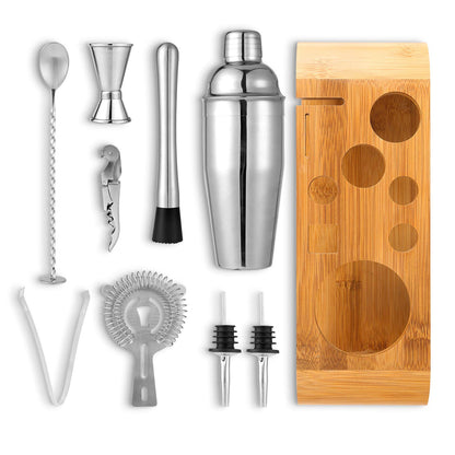 High-quality cocktail shaker set, 10-piece cocktail mixer set, made of stainless steel, with bamboo storage, including cocktail shaker, jigger, pourer, bar muddler, bar spoon, ice tongs, opener, jigger.