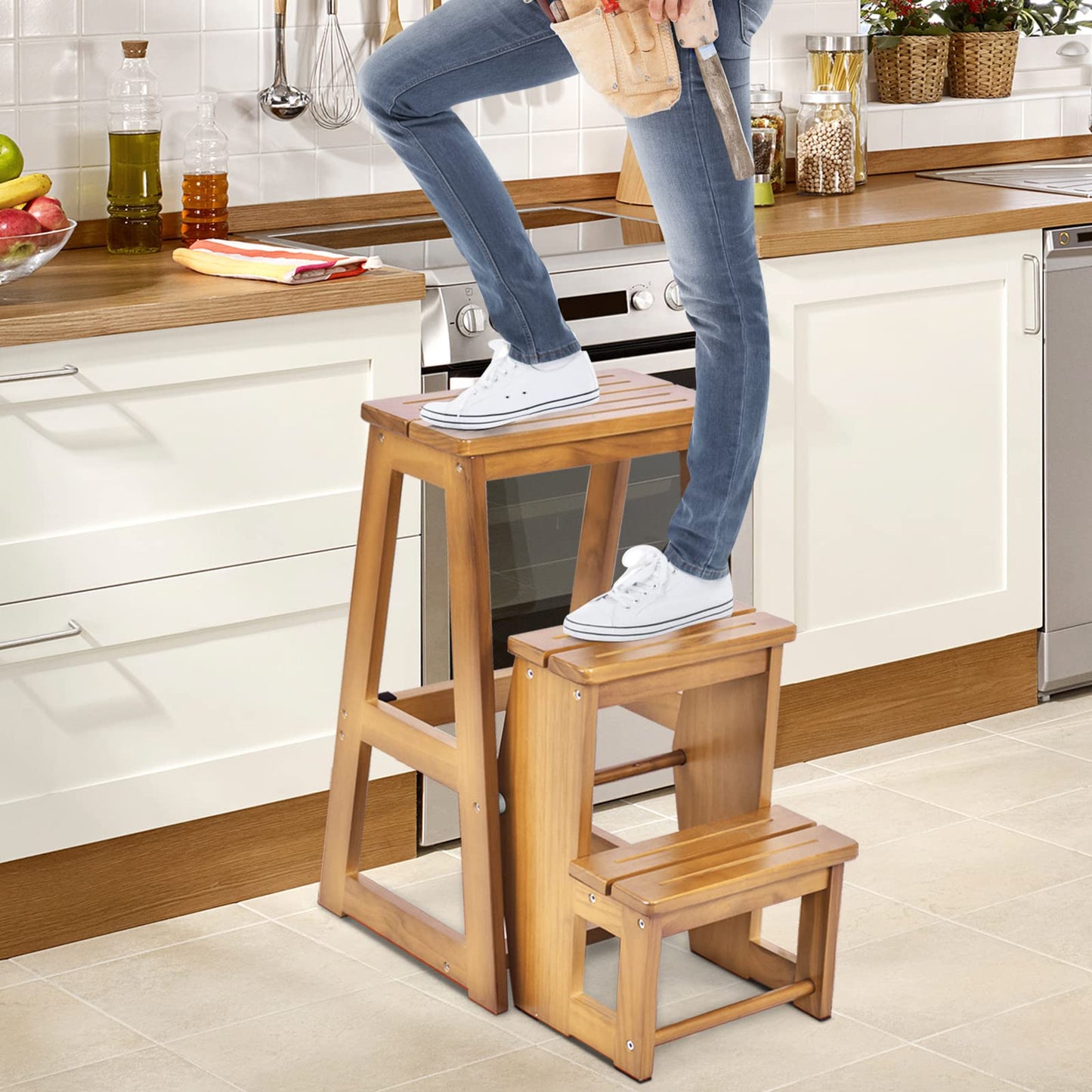 GIANTEX Wooden Step Stool 3 Steps, Folding Step Ladder Foldable Step Stool, Wooden Step Ladder Foldable, Household Step Small, Pine Wood Folding Steps (Walnut)