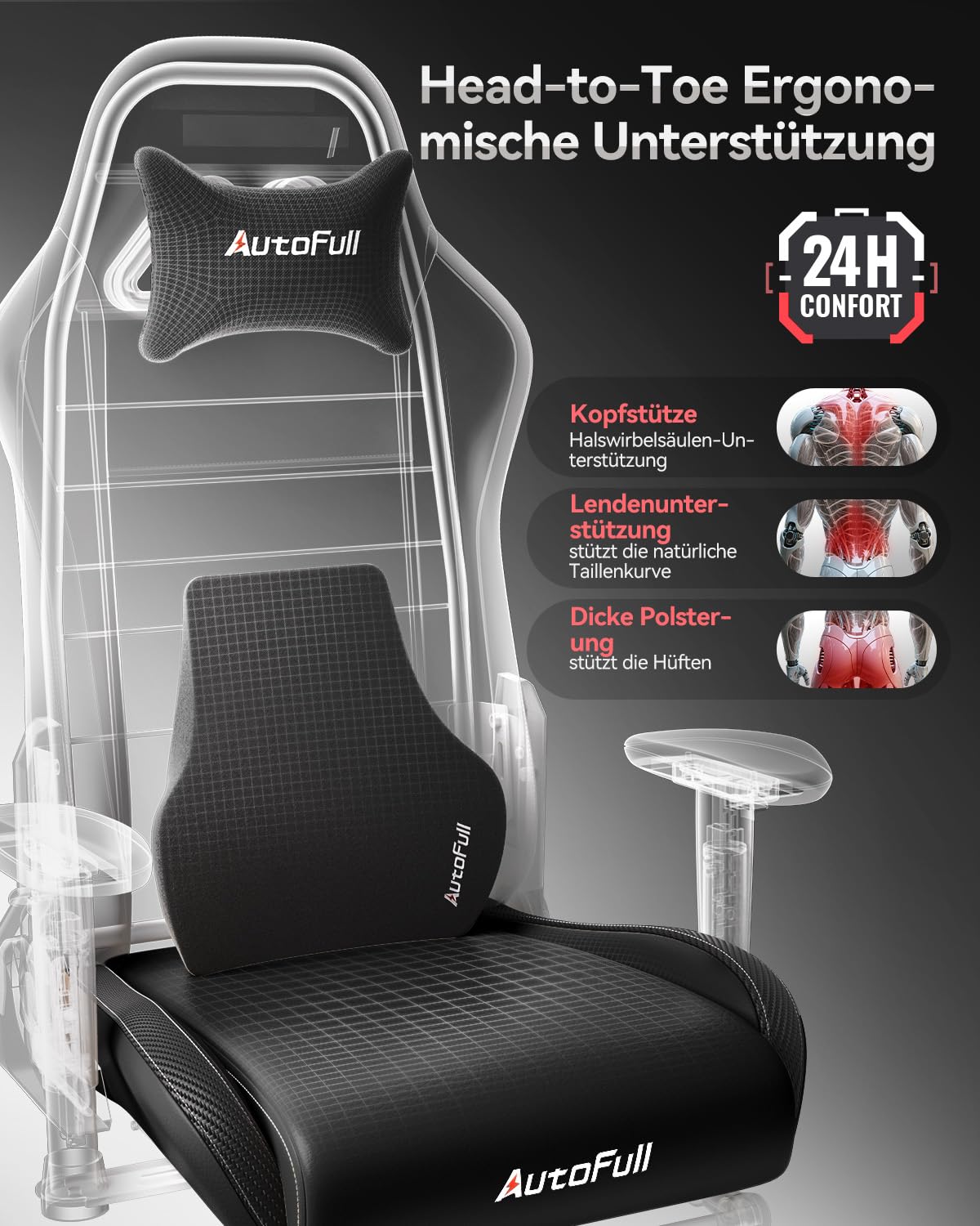 AutoFull C3 Gaming Chair, Ergonomic Gaming Chair with Lumbar Support, Height Adjustable & Tilt Function, Gaming Chairs with Footrest, 150 kg Capacity, Racing Seat Design PU Leather (Black)