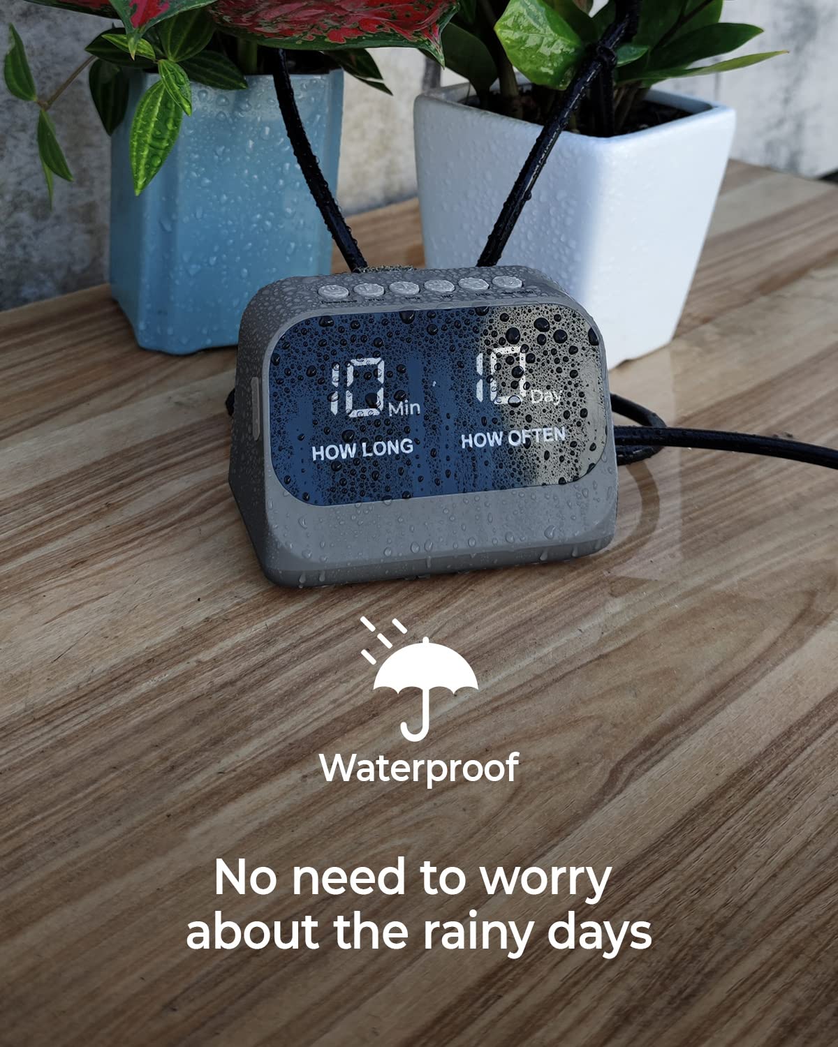 Automatic irrigation system for potted plants, DIY drip irrigation kit with programmable timer, waterproof LED display, and high-capacity battery, gray