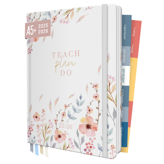 Häfft® Teacher Planner 2025/2026 A5 + "Sweet Flowers" Hardcover teacher planner/school year planner with 236 pages, stickers, and more - sustainable & environmentally friendly.