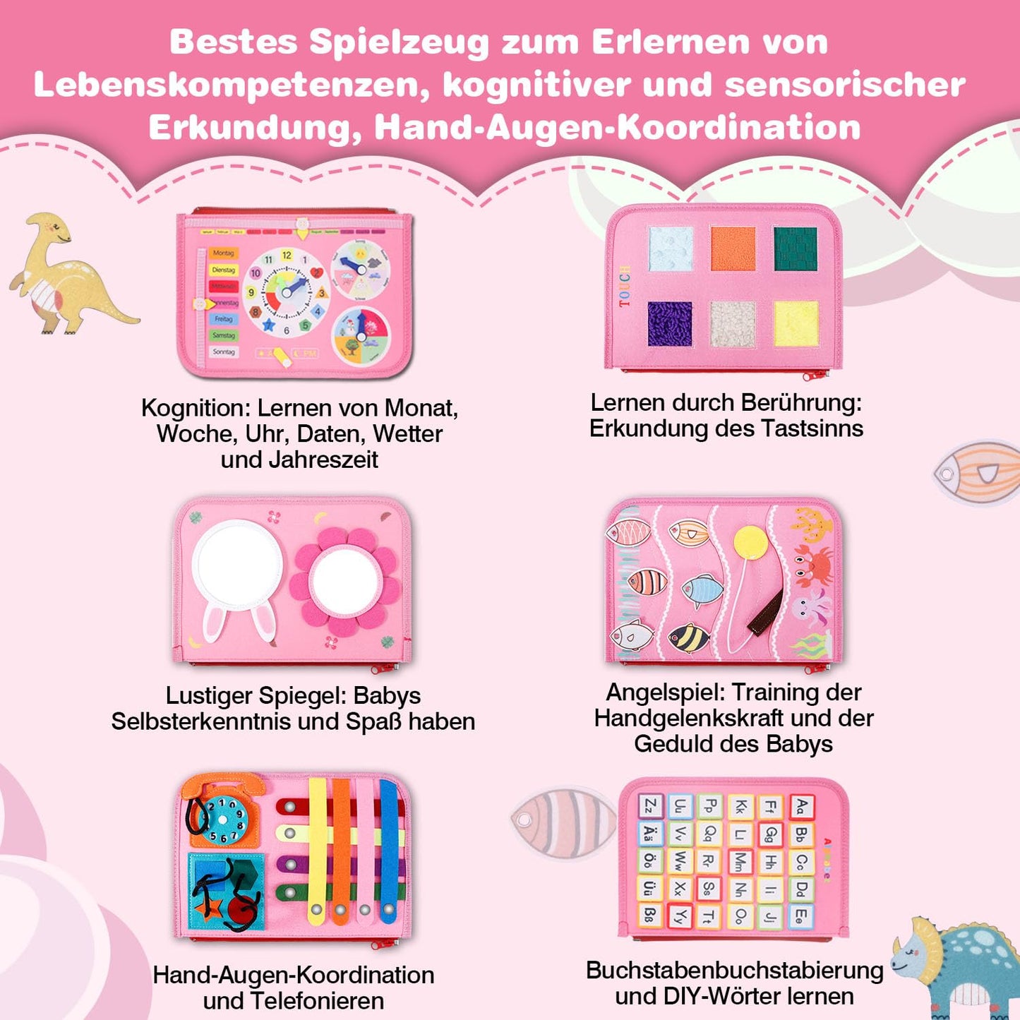 JHkim Busy Board German Montessori Toy for 1 2 3 4 year olds, boys & girls, kids sensory gift, Activity Board learning toy, Motor Skills toy for travel car & plane.