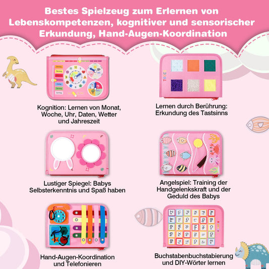 JHkim Busy Board German Montessori Toy for 1 2 3 4 year olds, boys & girls, kids sensory gift, Activity Board learning toy, Motor Skills toy for travel car & plane.