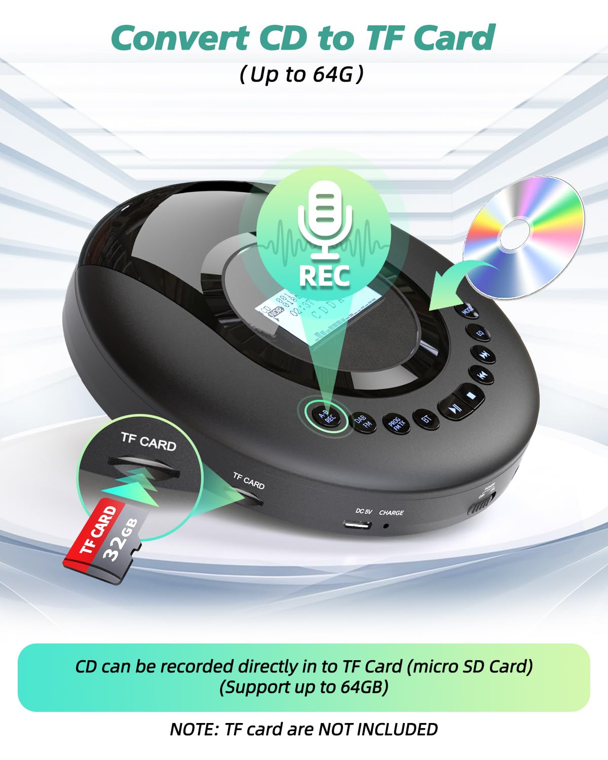 Arafuna Portable CD Player with DAB+/FM Radio, CD Player Bluetooth with Audiobook function, Discman for car, Anti-shock, built-in 2000mAH battery.