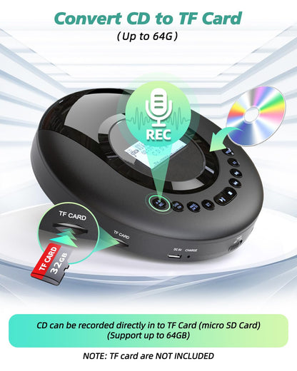 Arafuna Portable CD Player with DAB+/FM Radio, CD Player Bluetooth with Audiobook function, Discman for car, Anti-shock, built-in 2000mAH battery.