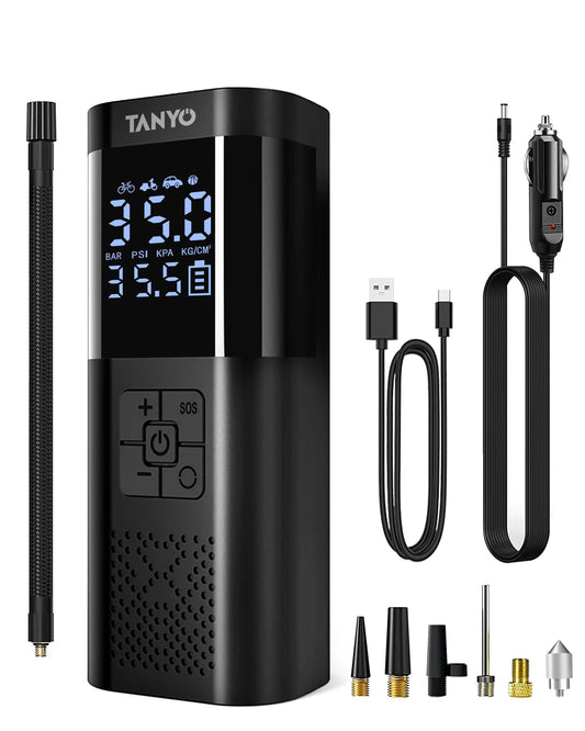 TANYO Electric Air Pump Bike Battery Compressor, 150PSI Mini Electric Bike Pump with Gauge, Portable Electric Air Pump with USB LED Light for Car, Bike, Motorcycle, Balls