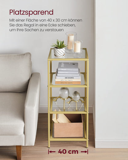 VASAGLE 4-tier shelf, bathroom shelving unit, tempered glass, easy assembly, for bathroom, living room, kitchen, office, clear-metallic gold LGT28G