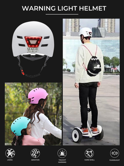 Bike helmet with red rear light + LED white front light. Electric scooter helmet, skate. Helmet for adults, lightweight with removable lining. PC + EPS shell, 14 ventilation openings and USB charging cable.