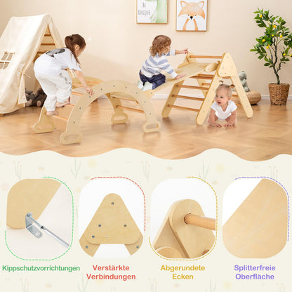 COSTWAY Climbing Triangle with Slide, Climbing Arch, including double-sided ramp, for climbing, sliding, and rocking, 4 in 1 climbing frame Indoor from 1 year (wood color)