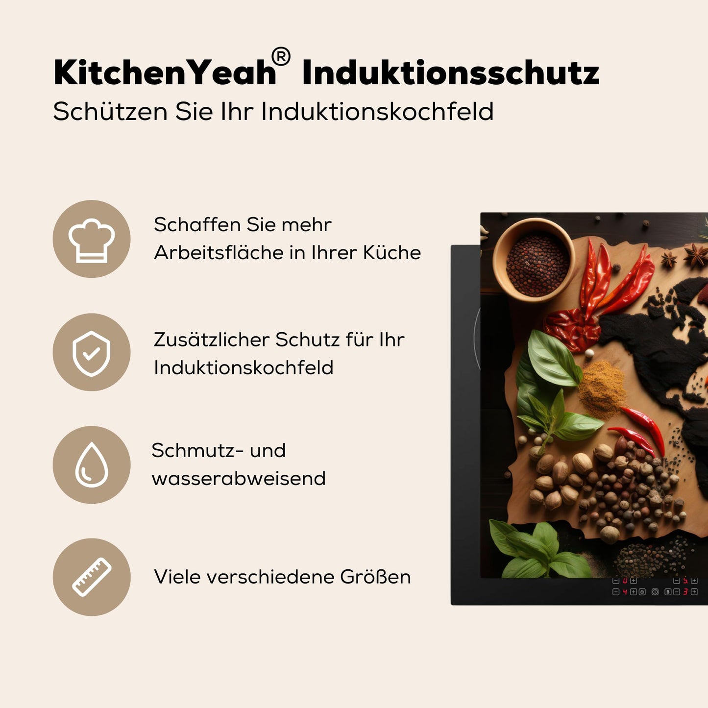 KitchenYeah© Induction stove cover protection mat kitchen stove cover induction mat ceramic hob cover herbs - spices - world map - brown - spoon - kitchen - 83x51 cm