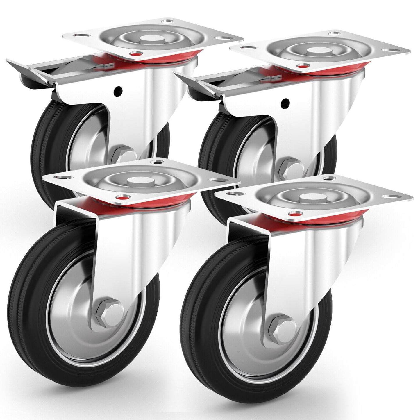 PRIOstahl Heavy Duty Caster Set 4 x 160mm with Brake up to 560kg Load Capacity Solid Rubber Swivel Casters Industrial Wheels for Workshop, Workbench, Tool Cart or Dolly.