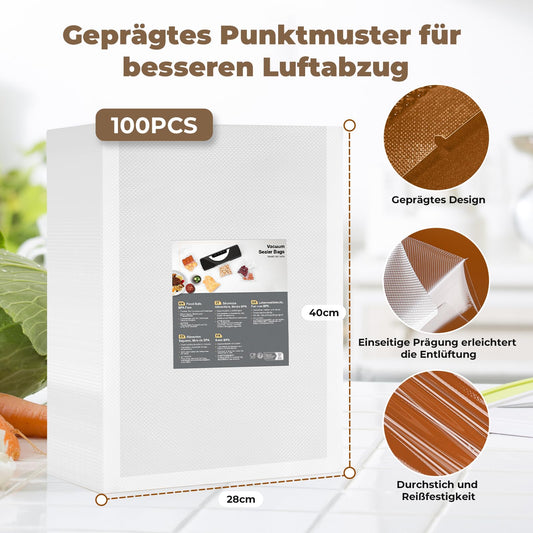Vacuum bags 100 bags 28x40cm, professional vacuum sealing film bags for vacuum sealers & food storage & sous vide suitable, freezer bags BPA-free & tear-resistant.
