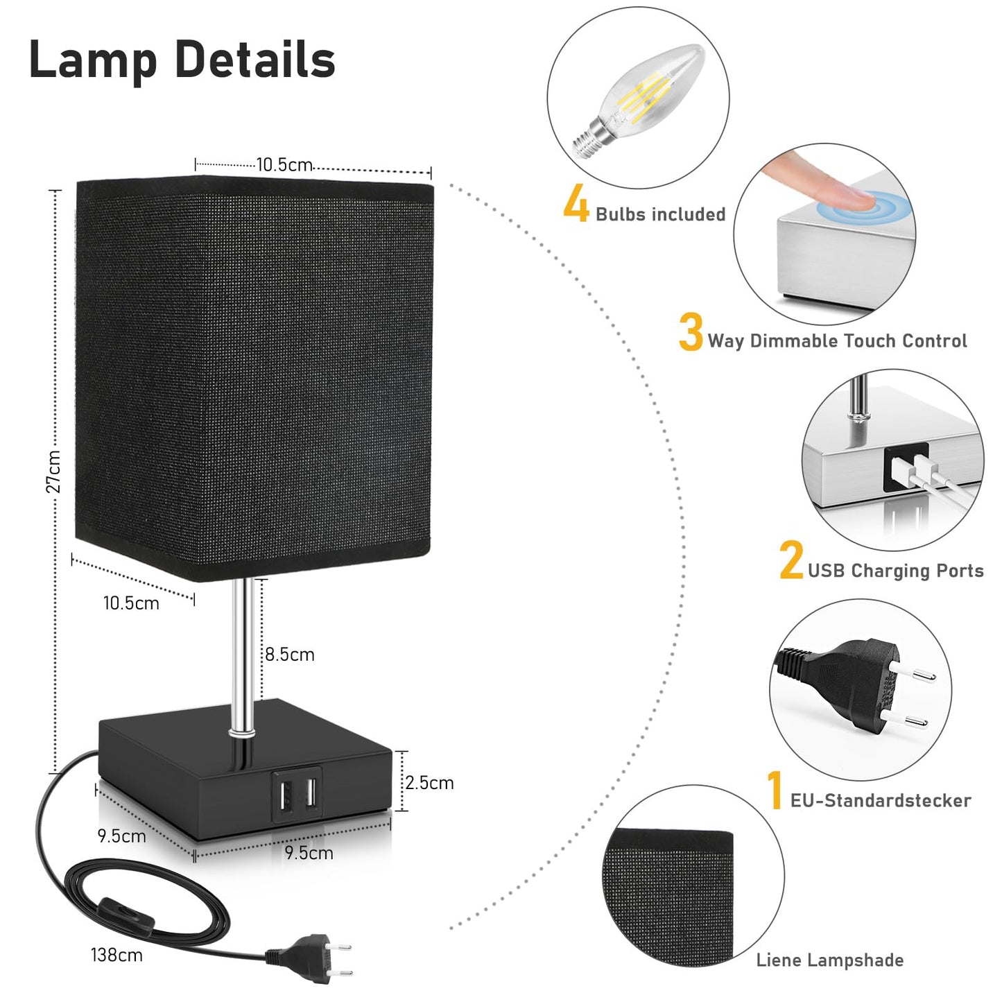 kioooki nightstand lamp Touch Dimmable with 2 USB ports, 2 pack bedside lamps with warm white 3 adjustable brightness levels, modern table lamp for living room bedroom, 4 E14 light bulbs