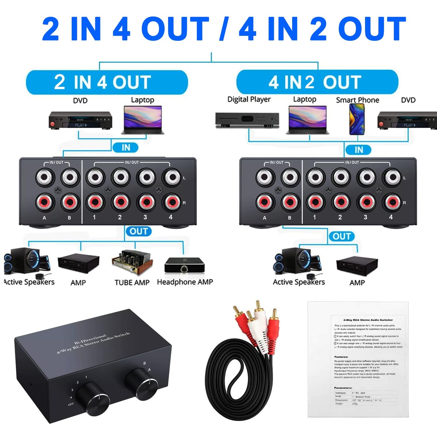 XMSJSIY 4-way bidirectional RCA stereo switcher, audio selection box for DVD, speakers, CD player, compatible with devices with L/R audio channels.