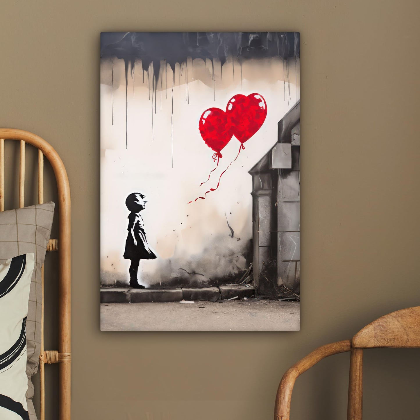 MuchoWow© canvas print 40x60 cm Bedroom Wall Art Living Room Modern Wall Decor Gallery Wall Gift Banksy - Street Pop Art - Art - Girl - Balloons - Heart - Gray