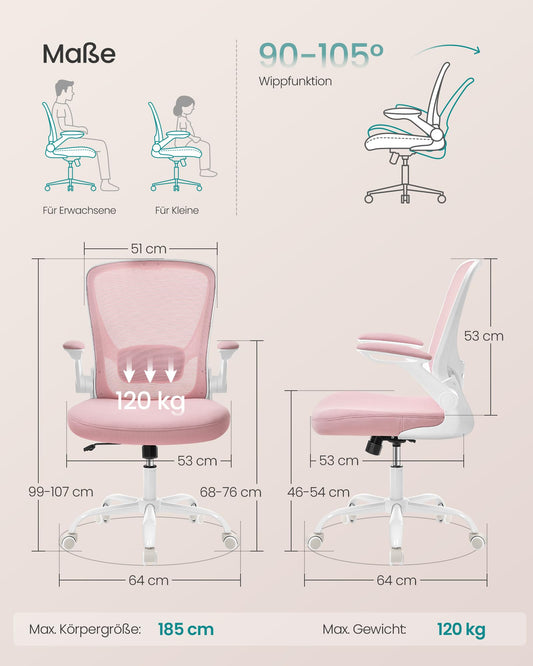 SONGMICS Office Chair, Desk Chair, ergonomic backrest, adjustable height, foldable armrests, swivel chair, up to 120 kg load capacity, pastel pink OBN037R01