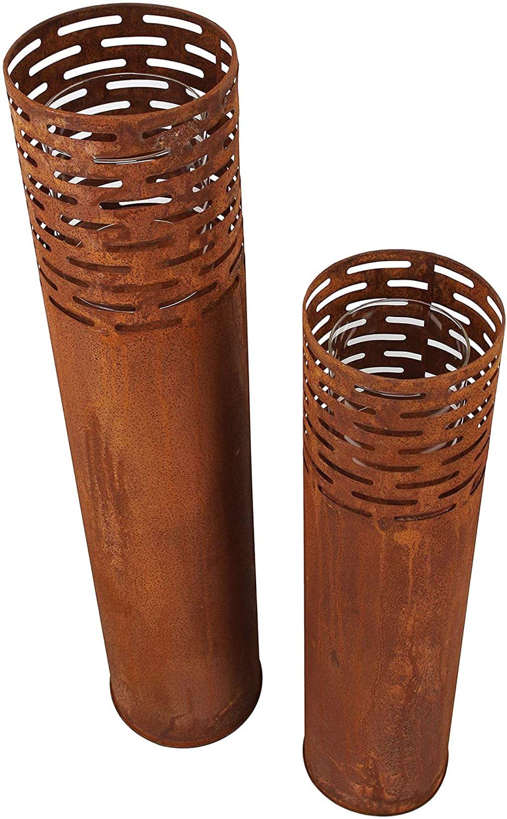 Passion for decor: Set of 2 rust design metal lantern pillars, 75 + 95 cm tall, garden lantern, candle holder, decorative pillar with candle glass, metal pillar, candle pillar, outdoor garden decor.