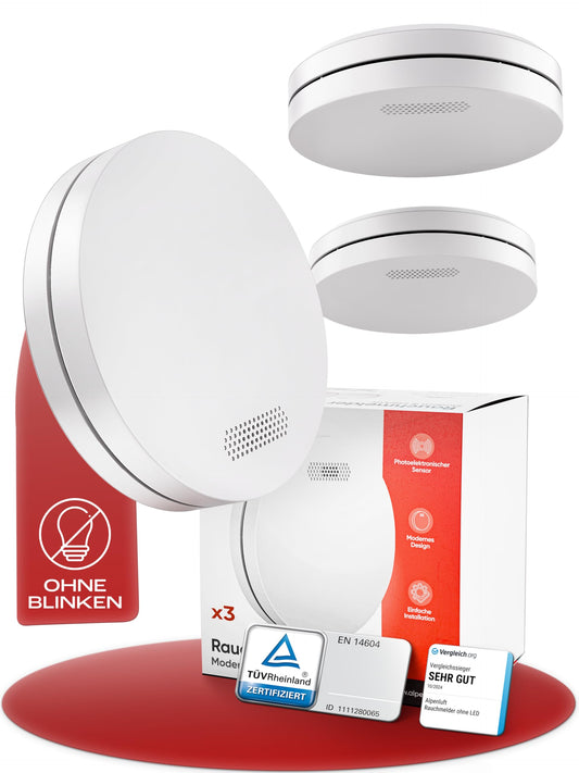 ALPENLUFT Smoke Detector 10 Year Battery, Flat Fire Alarm, Smoke Alarm, Fire Alarm | No Drilling, No LED Blinking - Smoke Fire Safety Fire Alarm 3 Pack