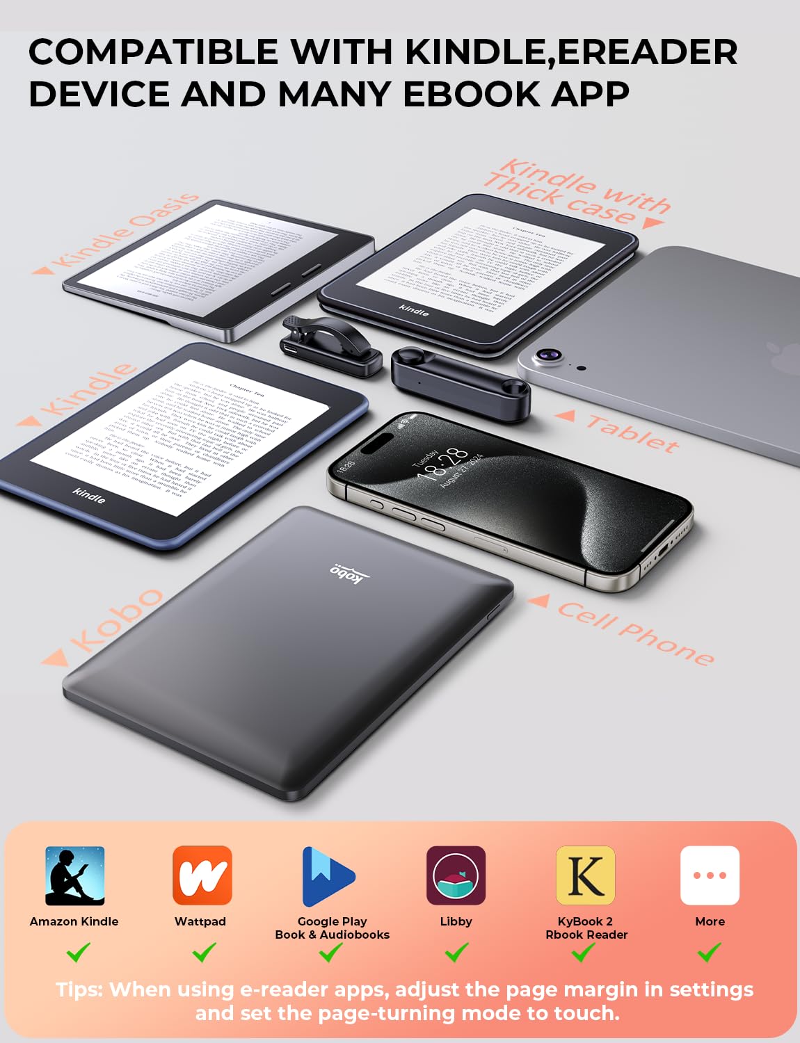TRYONE Tablet Stand with RF Remote, adjustable swivel for reading on Kindle or eReaders. Includes Page Turner, suitable for Kindle Paperwhite, Oasis, Kobo, Pocketbook, and Tolino.