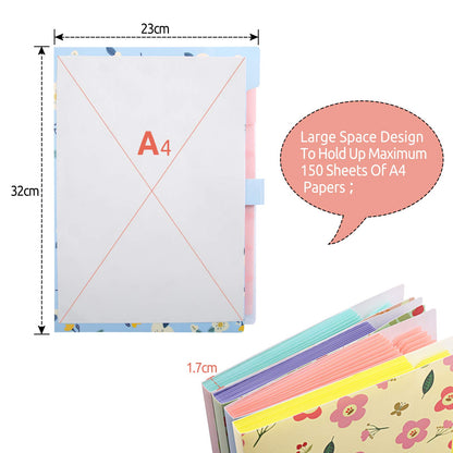 KONVINIT A4 expanding file with 7 compartments. Floral document organizer for home, school, and work trips. Large capacity. Set of 4.