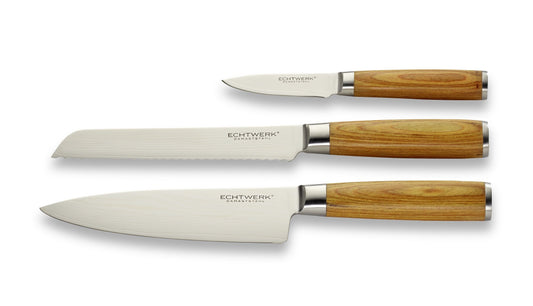 3-piece Genuine Damascus Knife Set, Kitchen/Chef's Knife, Serrated Bread Knife, Paring/Vegetable Knife, Damascus Steel, ergonomic Pakka Wood handles, Brown/Silver, Storage Box included.