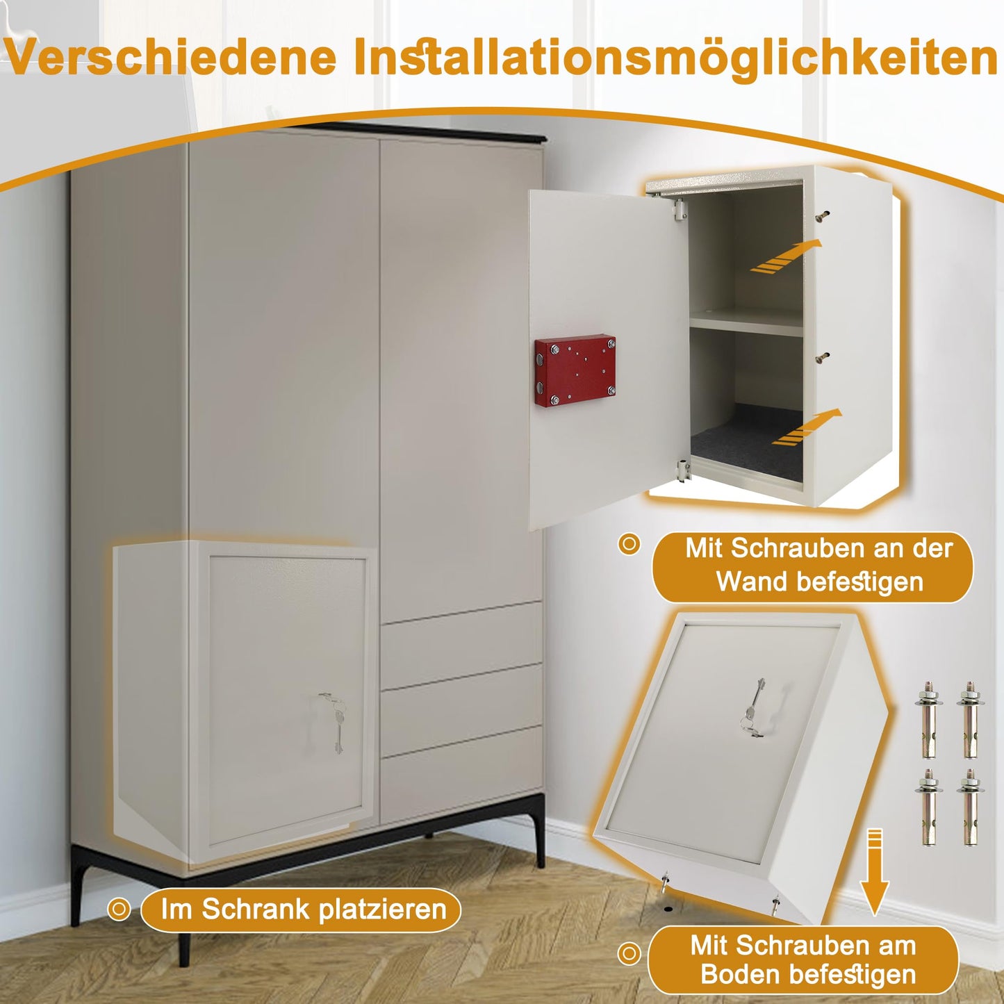 YRHome furniture safe XL-35x31x50cm with 2 key lock & mounting screws. Floor-wall safe money cabinet Beige.