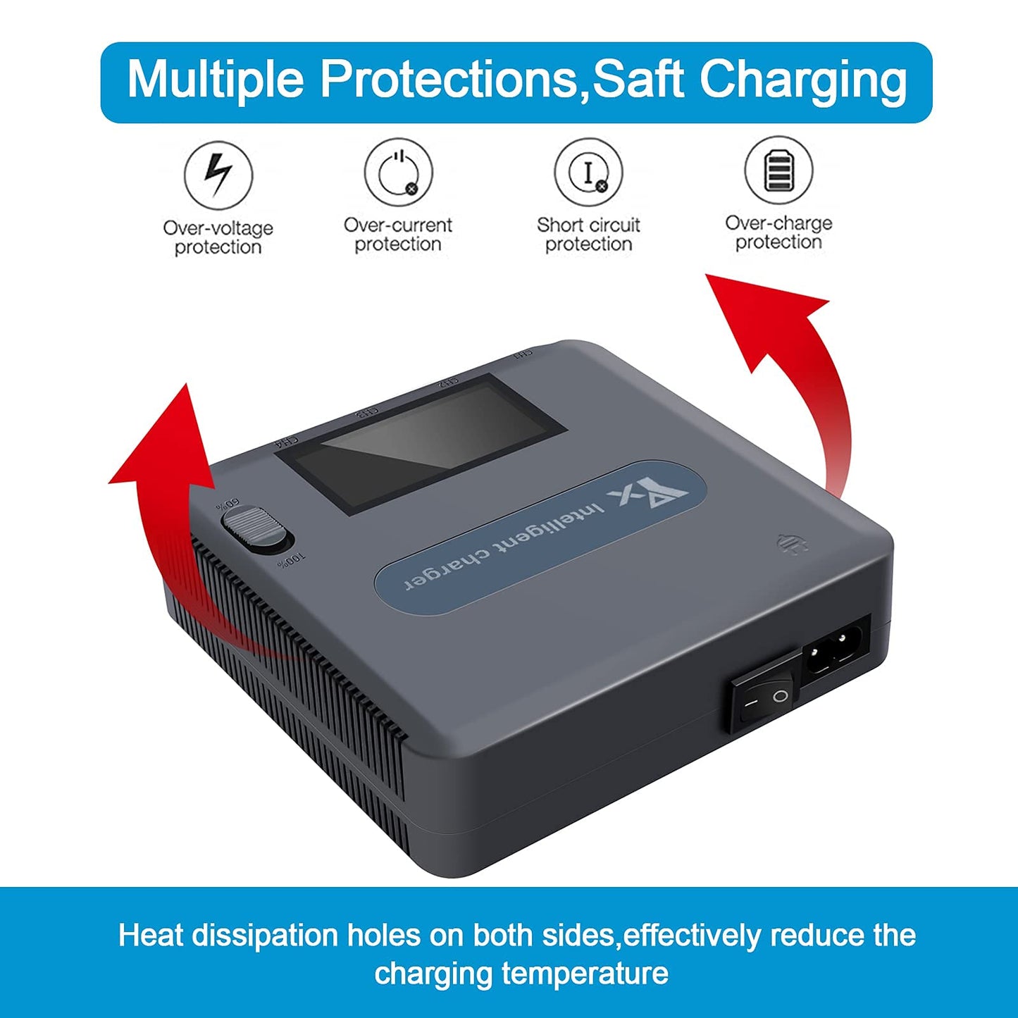 LYONGTECH LCD display battery charger for DJI Air 2S, Mavic Air 2 drone, charges 4 batteries and 2 USB ports simultaneously, 6 in 1 parallel battery charging station hub accessory.