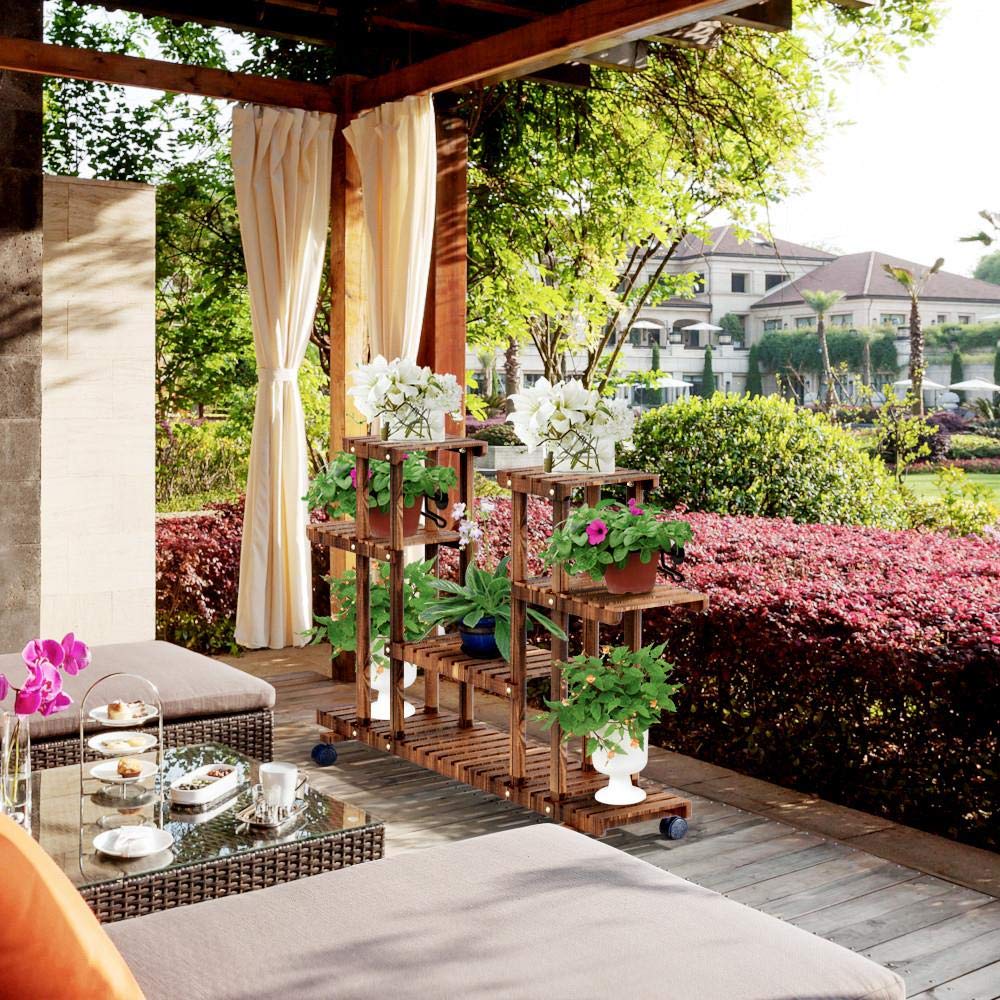 Yaheetech Plant Stand Wooden Multi Tiered Plant Shelf with Wheels Flower Rack Space Saving Balcony Indoor Decor 124 x 33 x 80cm