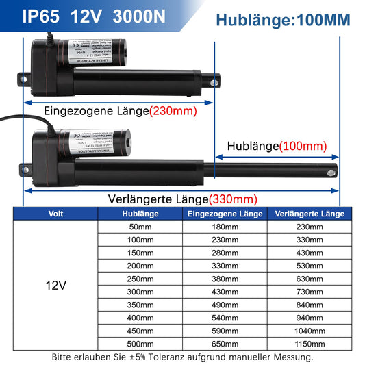 Jvnvlki 3000N 100mm Stroke IP65 Waterproof Linear Actuator 12V Linear Motor 5mm/s With Mounting Brackets for Cabinet, Window Opener, Door Opener, Home Automation