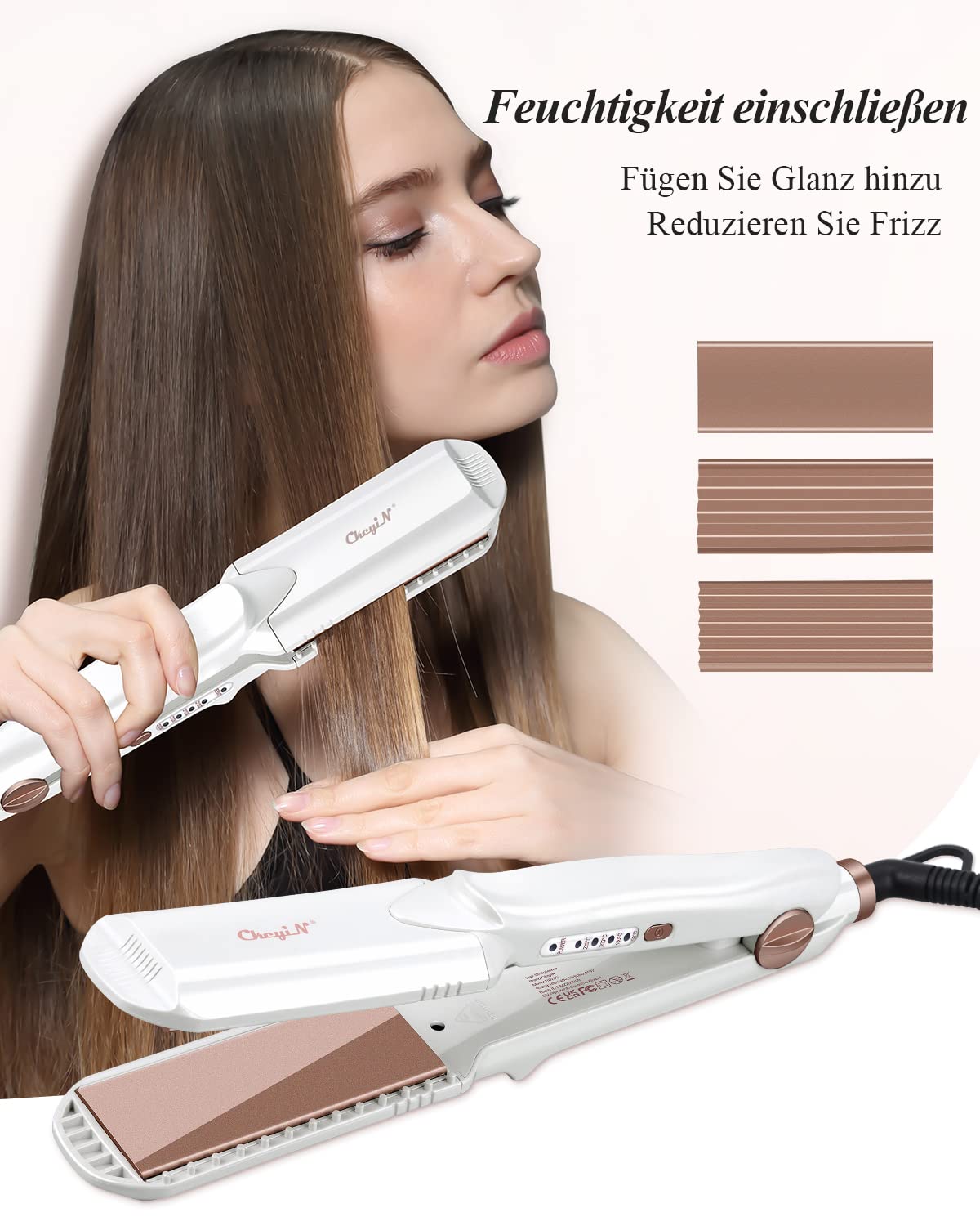CkeyiN Hair Crimping Iron with 3 Interchangeable Plates, Hair Waver for Fluffy Hairstyle, Curling Iron for Women Adjustable Temperature Hair Straightener Curling Wand Corn Styling Tool