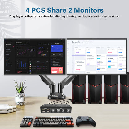 Yeemie Pro 4 Port 4K@60Hz Dual Monitor DisplayPort KVM Switch allows 4 PCs to share 1 set of keyboard, mouse, and 2 monitors with toggle switch, remote control, black.