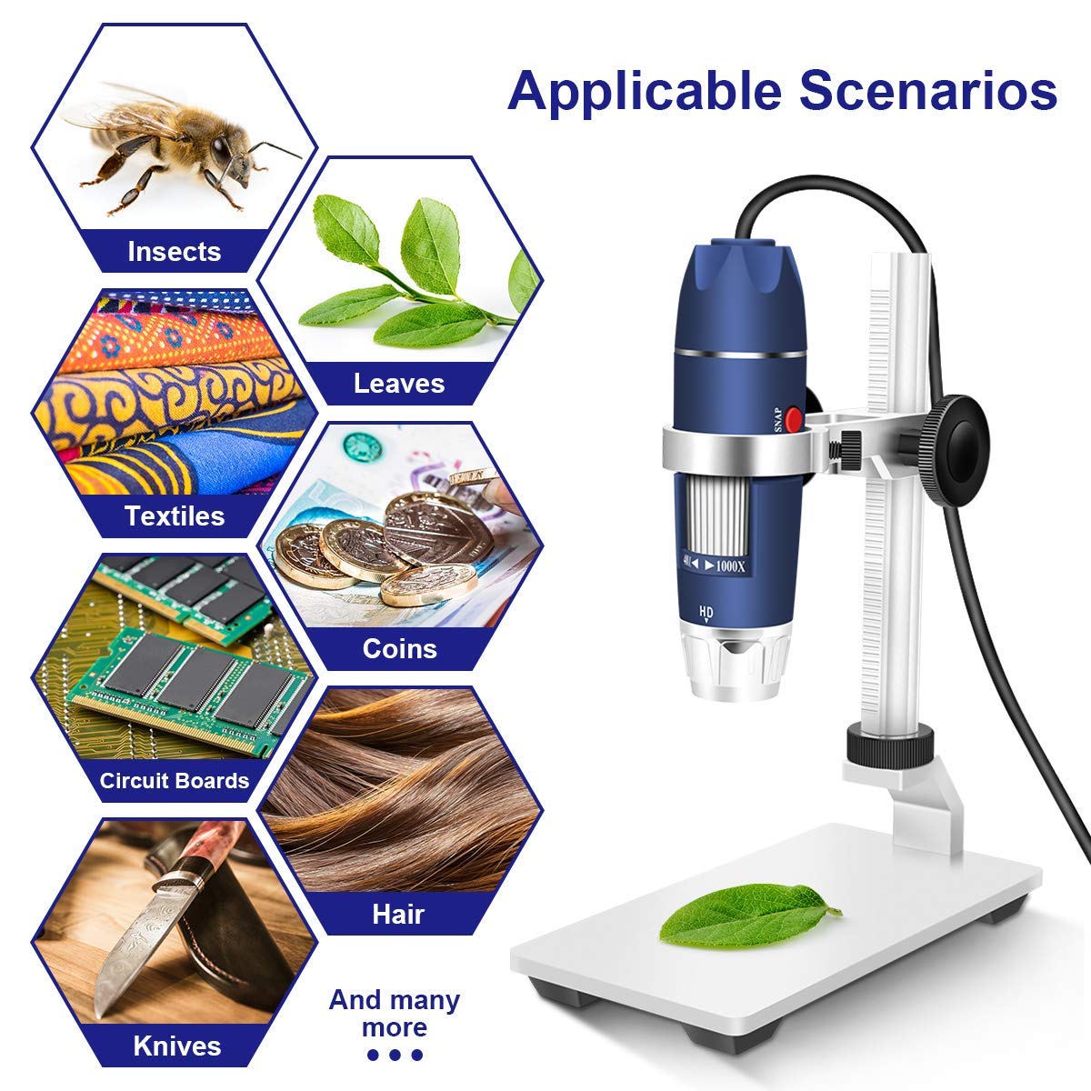 Jiusion HD 2MP USB Digital Microscope 40-1000X Portable Magnification Endoscope Camera with 8 LEDs Stable Aluminum Alloy Stand for OTG Android Mac Windows 7 8 10 11 Linux
