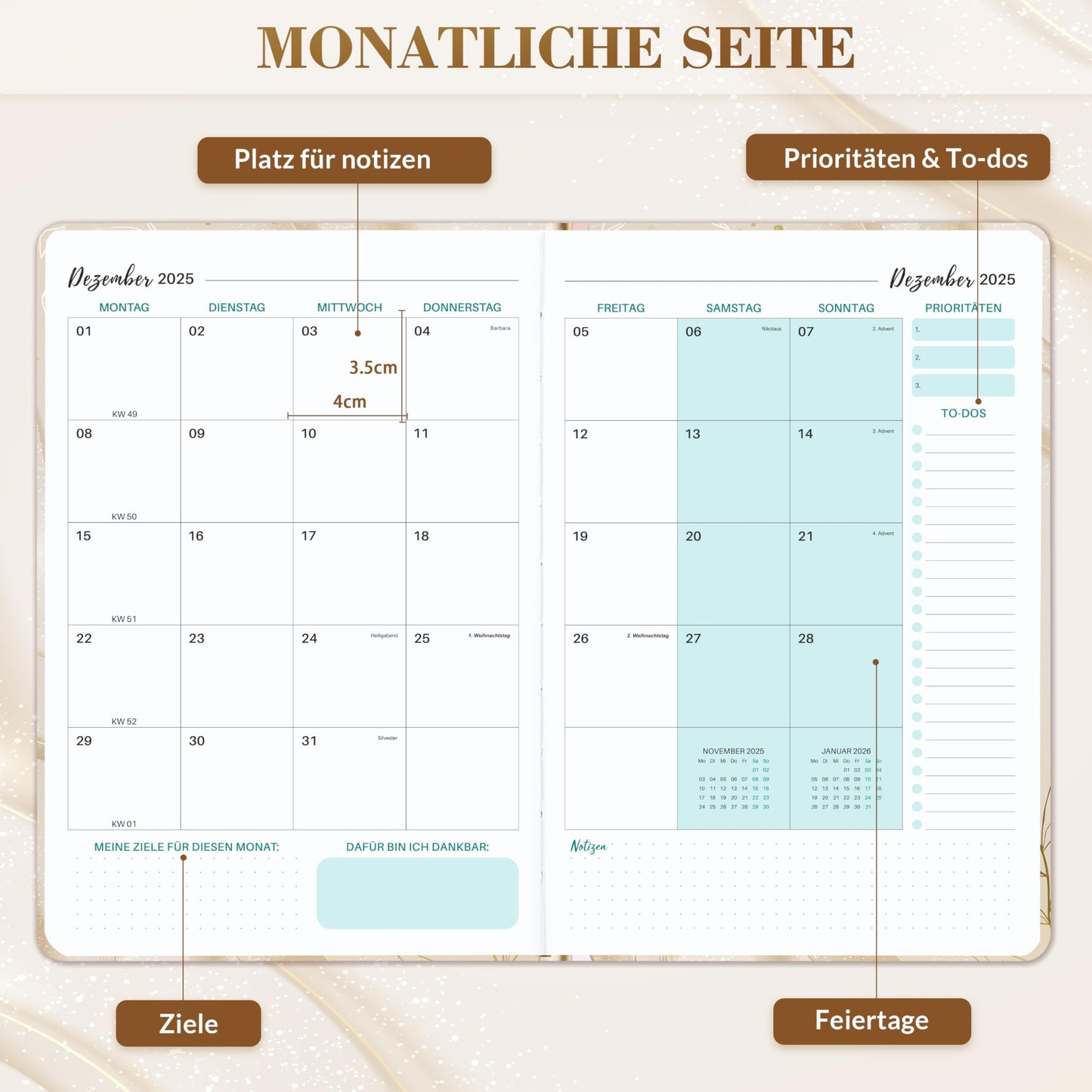 Teacher Planner 2025 2026 - A5+ Teacher Planner, Teacher Calendar 2025 2026 A5 for School Planner 2025 2026 from August 2025 to July 2026, Back Pocket, Hardcover - Beige