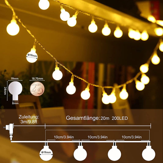 Ball String Lights, WOWDSGN 200 LEDs 20m Dimmable, plug-in party lights for indoor and outdoor, 8 light modes, energy-saving, perfect for Christmas, wedding, party, garden, warm white